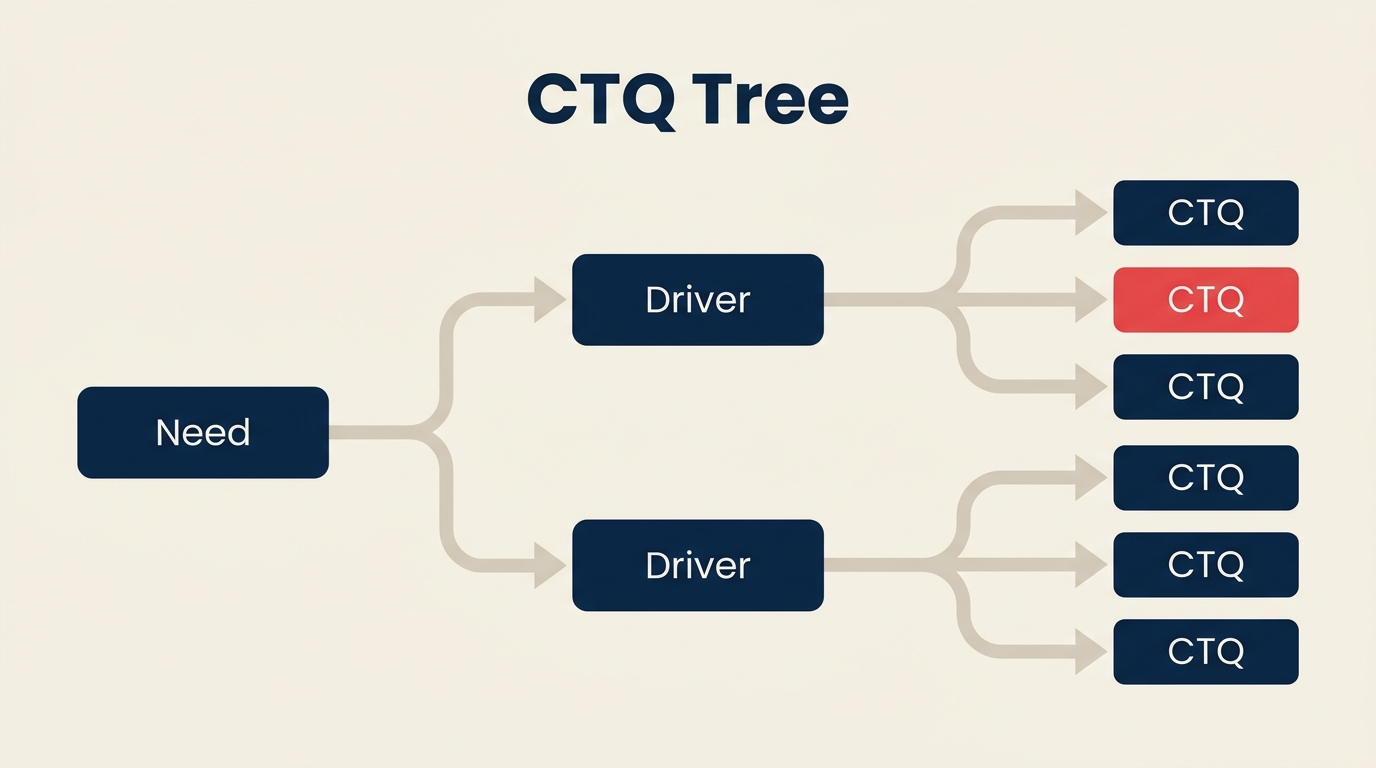 CTQ tree diagram showing three levels from customer need to measurable quality requirements