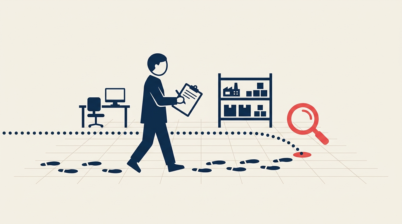 Manager walking the factory floor on a gemba walk to observe the process