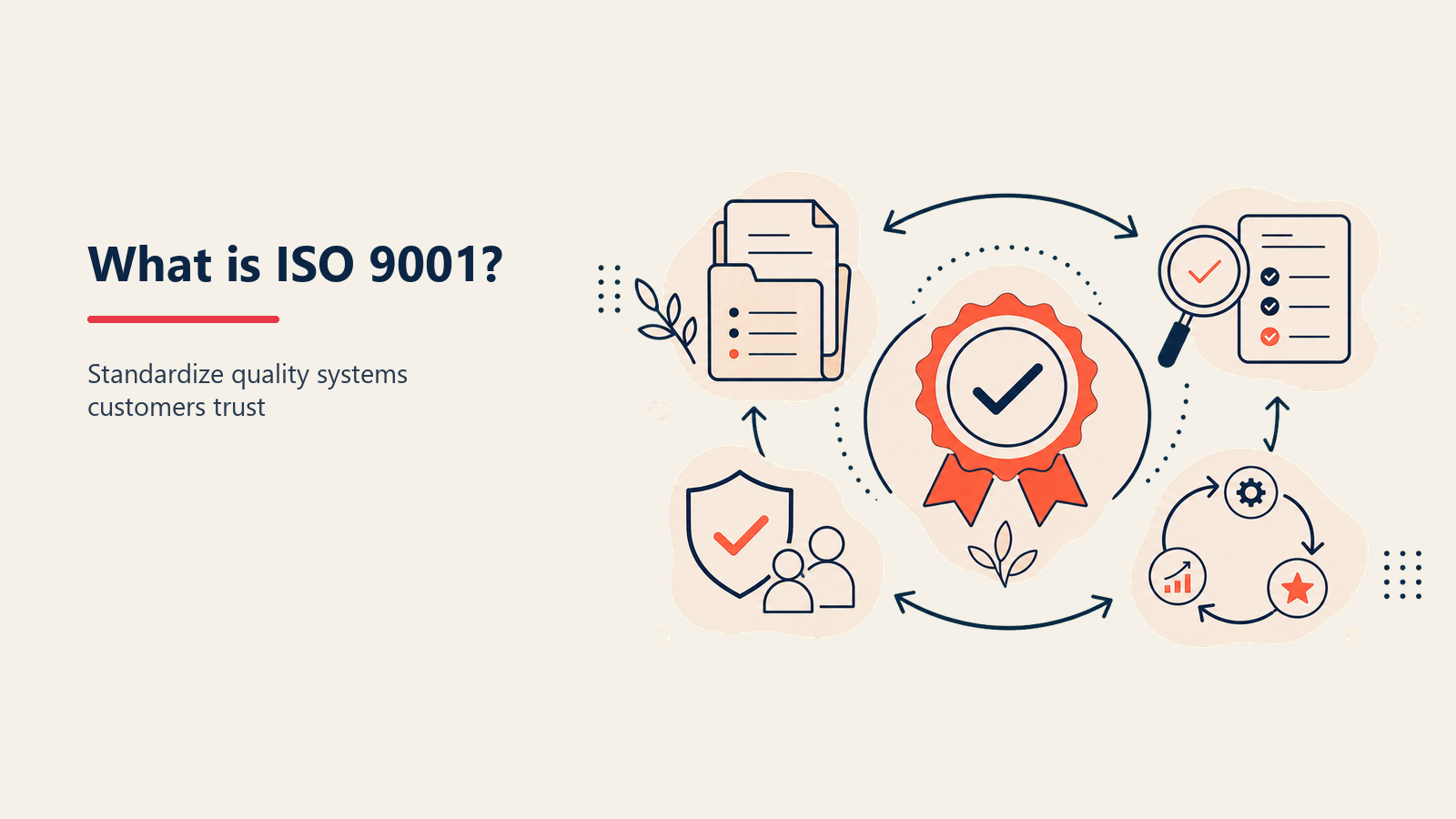 ISO 9001 certification badge beside a PDCA quality management cycle diagram