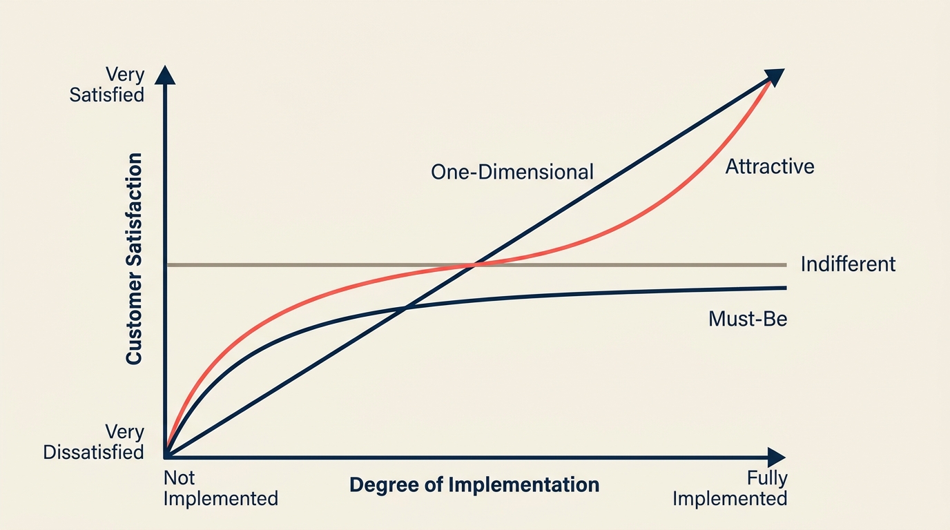 Kano model graph with satisfaction and functionality axes