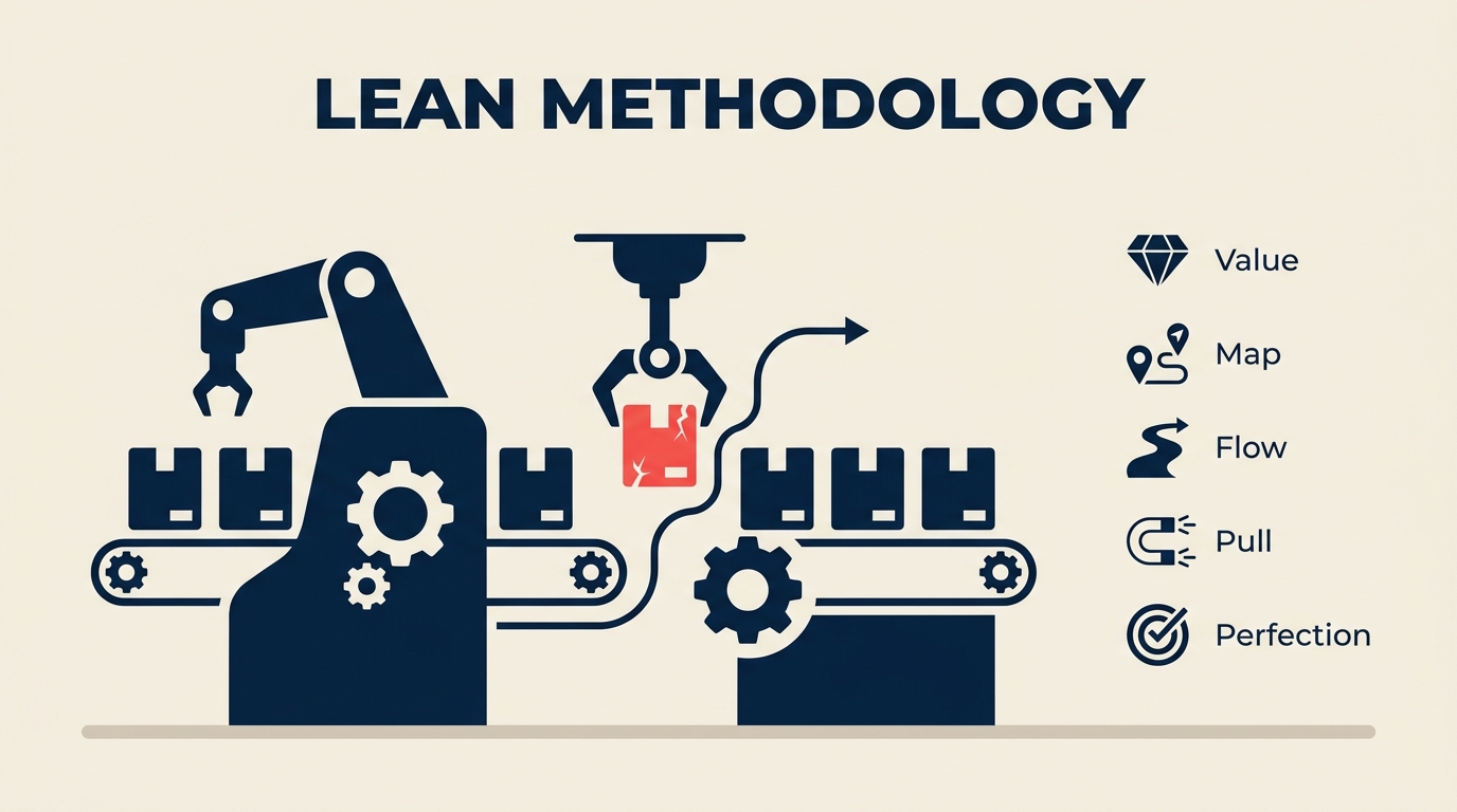 Lean methodology framework with 5 principles surrounding the 8 wastes acronym DOWNTIME