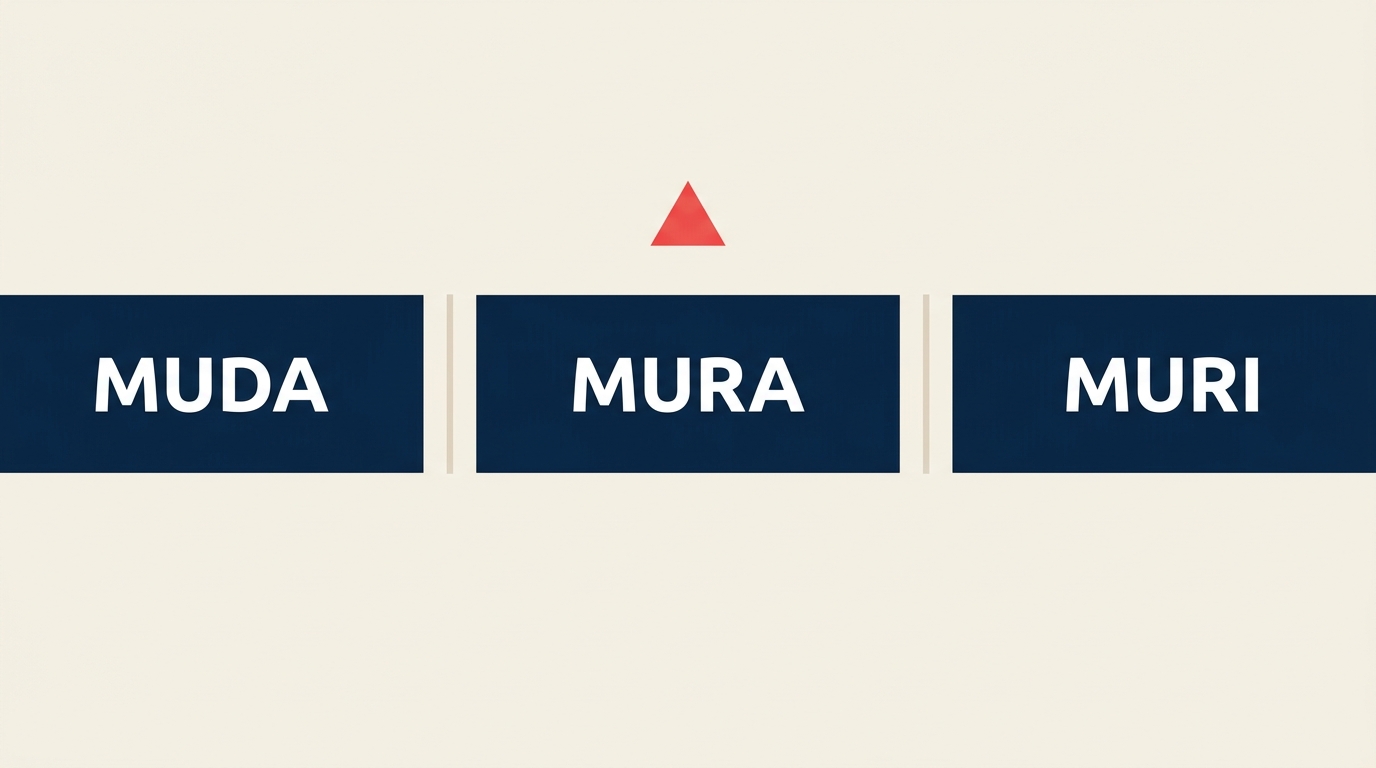Muda mura muri three labeled panels showing the three wastes of the Toyota Production System
