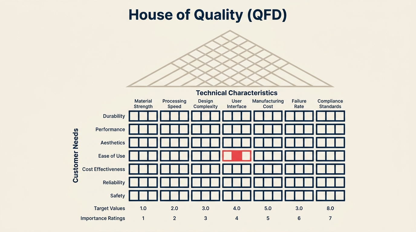 House of Quality matrix diagram illustrating quality function deployment with customer needs rows and technical characteristics columns