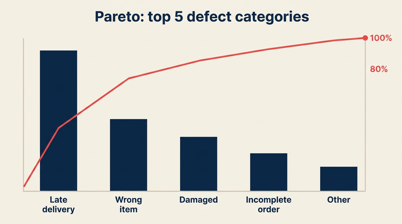 Pareto chart example: top 5 defect categories driving 80% of customer complaints