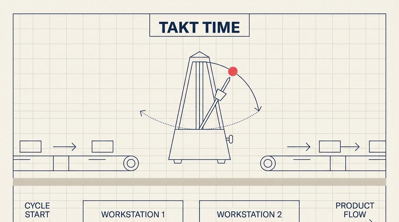 Takt time formula and production rhythm metronome diagram over a manufacturing line