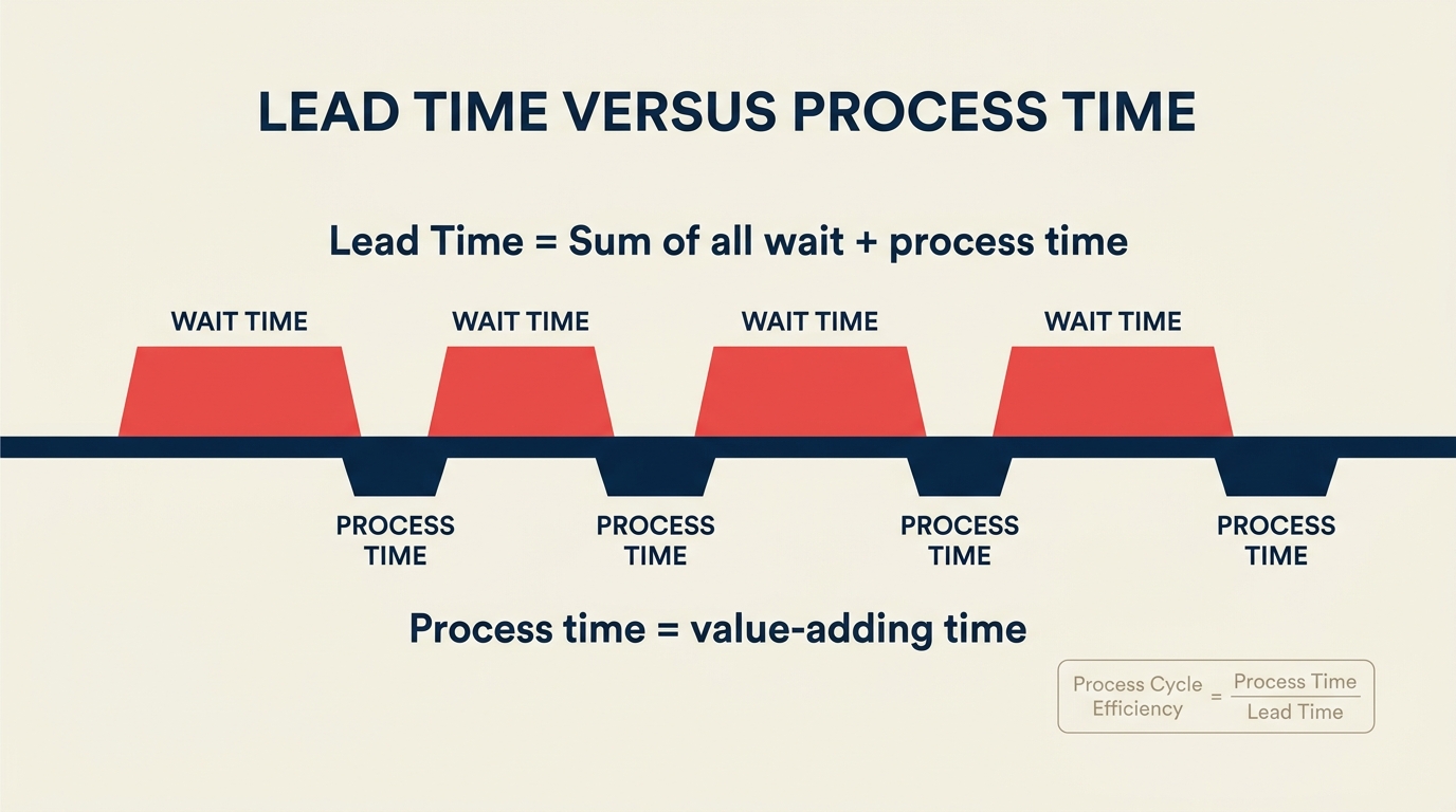 Value stream timeline showing process time below the line and waiting time above with total lead time formula