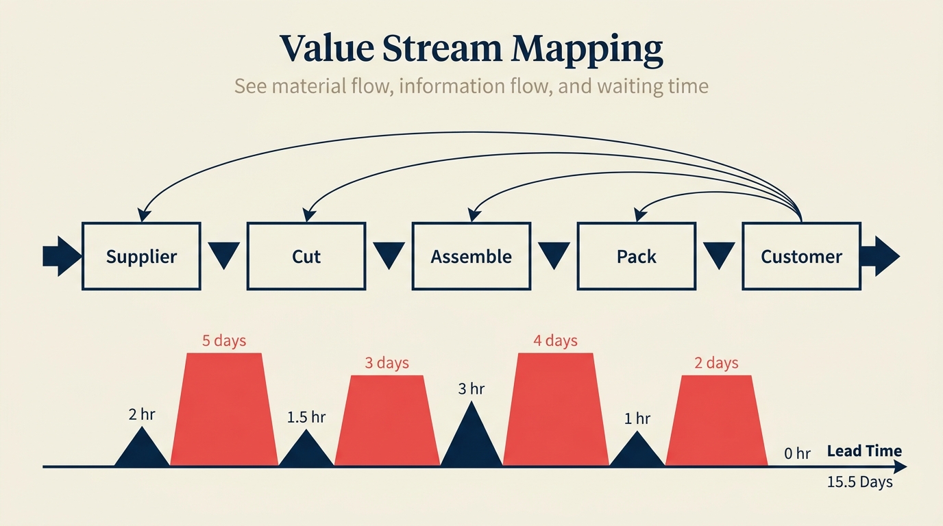 Value stream map showing material and information flow with timeline and lead time calculation