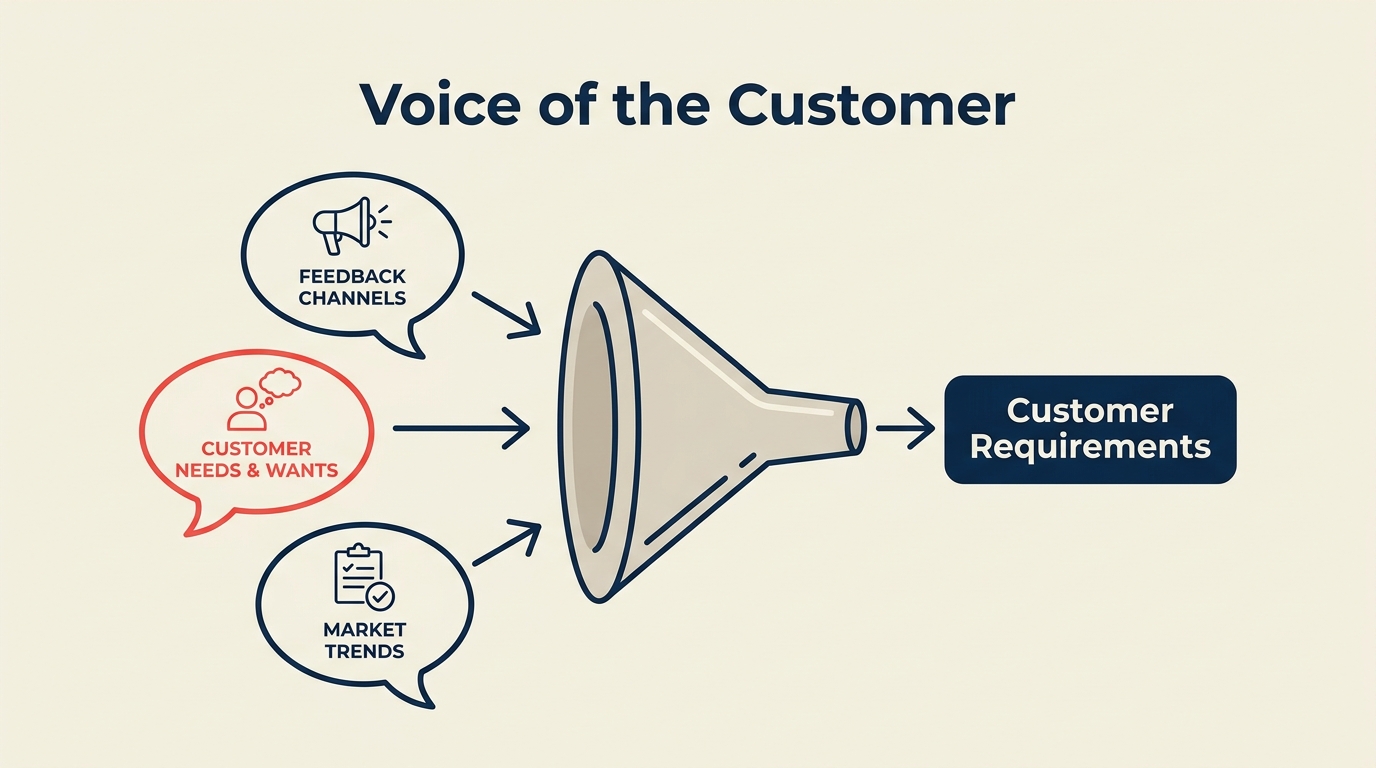 Voice of the customer framework: feedback flows into a funnel and outputs customer requirements