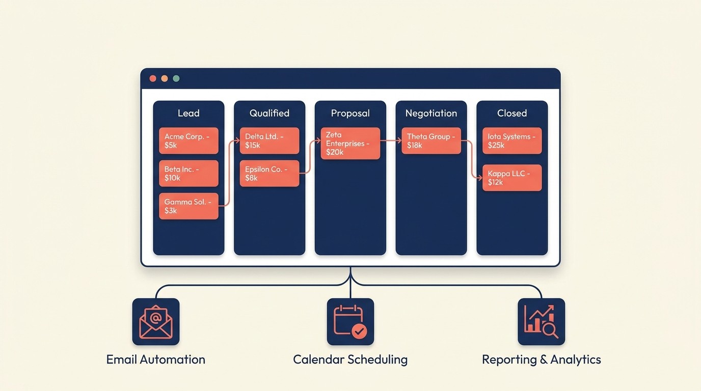 Agency CRM dashboard with pipeline tracking, activity logging, reporting and marketing integration for team adoption