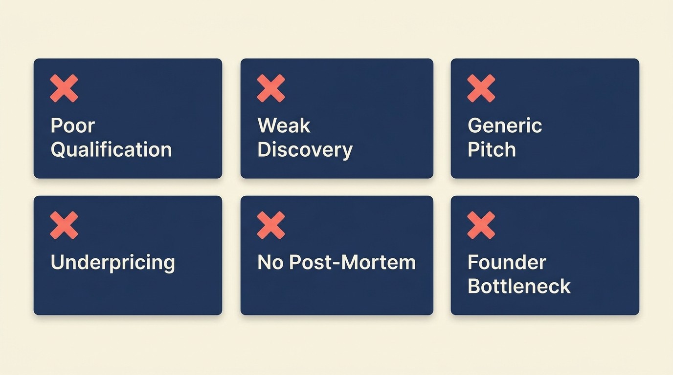 Seven common agency pipeline pitfalls including poor qualification, generic pitches, underpricing and founder bottleneck