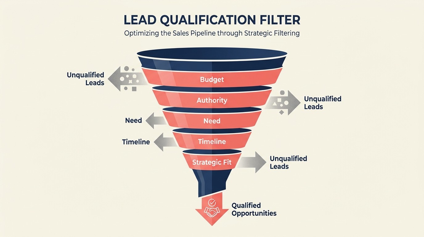 BANT qualification framework assessing budget, authority, need, timeline and strategic fit for agency prospects