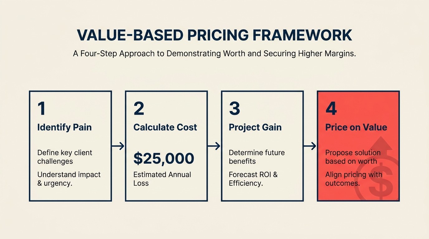 Four-step value quantification framework linking pain points to client ROI