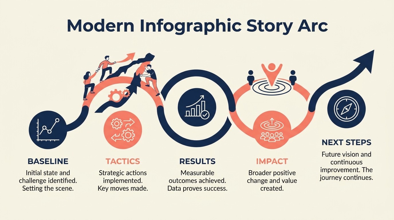 Five-step narrative arc turning campaign data into a client story: baseline, tactics, results, business impact, recommendations