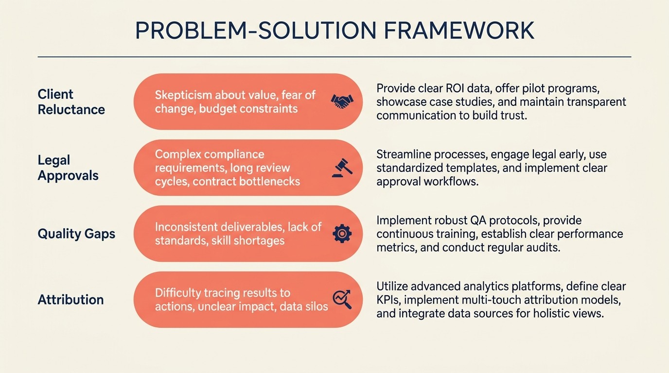 Five common advocacy program challenges mapped to solution approaches including legal navigation and burnout prevention