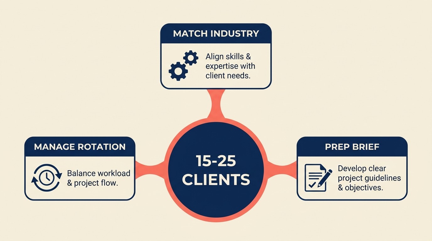 Reference pool rotation diagram showing 15-25 client advocates matched to prospects by industry and use case