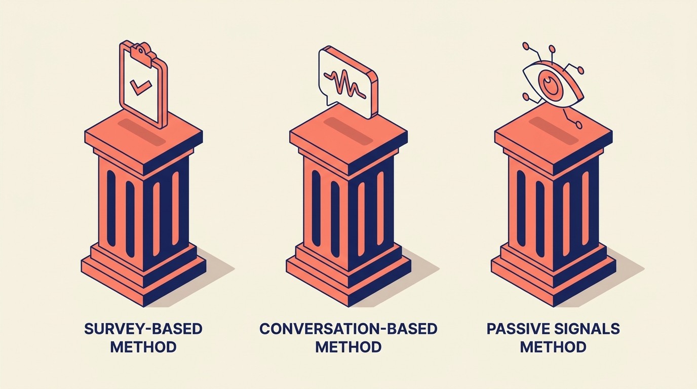 Overview of feedback collection methods spanning surveys, direct conversations, and passive signals