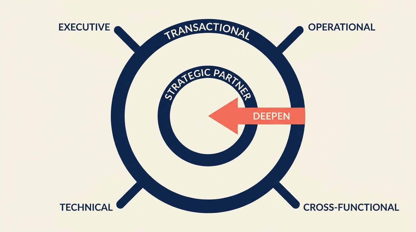Multi-threaded relationship map showing executive sponsor, operational, technical, and cross-functional connection points across a client organization