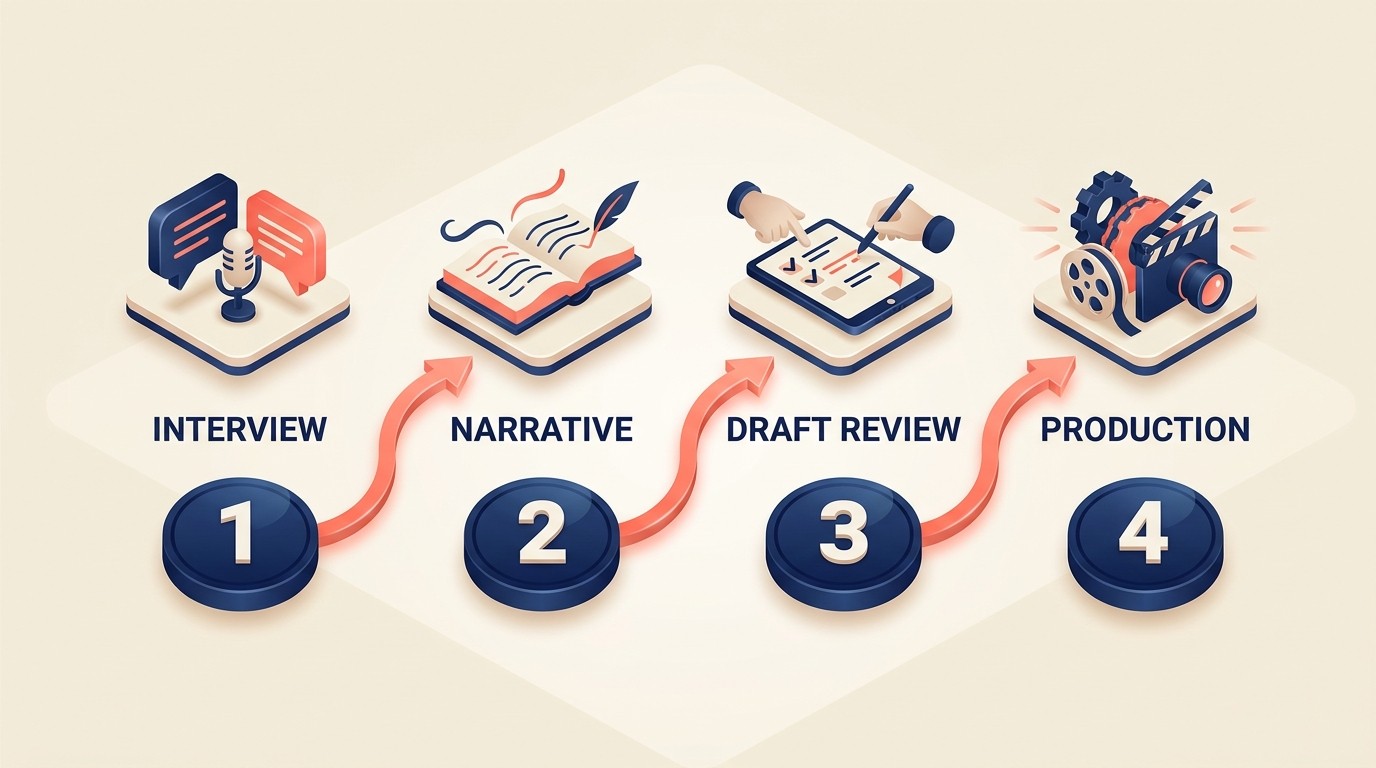 Four-step case study development process flow: interview and data gathering, narrative structure, draft and approval, production and formatting