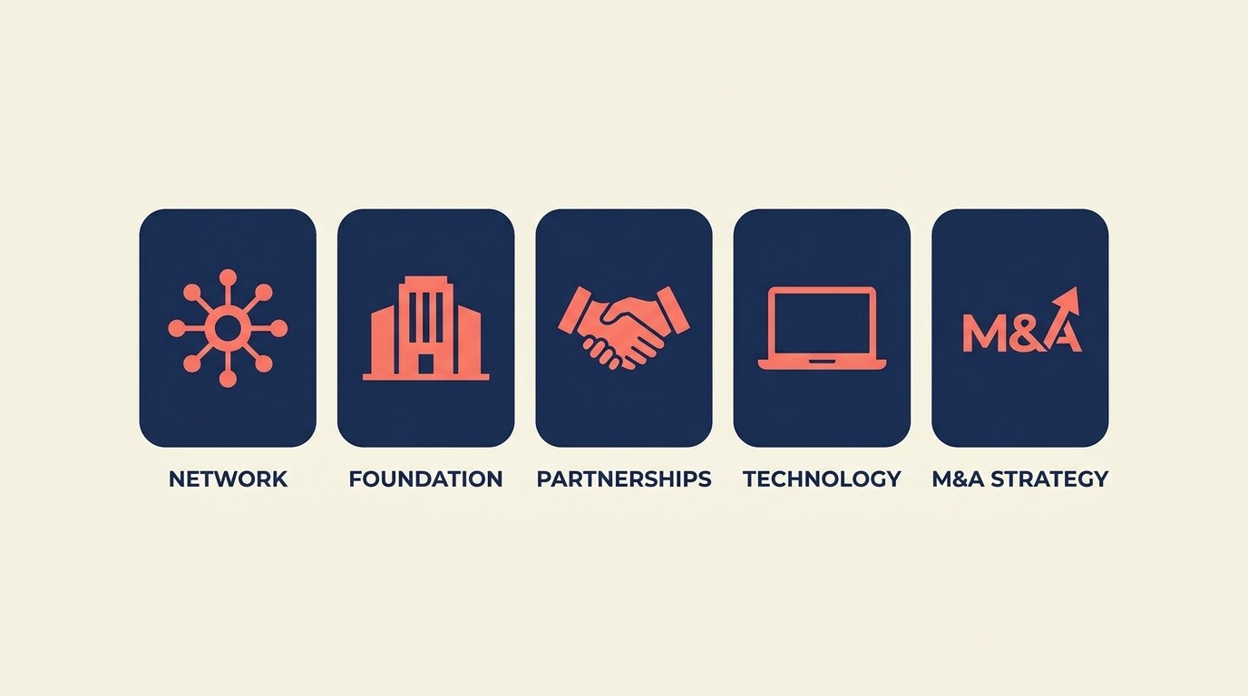 Five geographic expansion models: hub-and-spoke, autonomous local, partnership, remote delivery, and acquisition