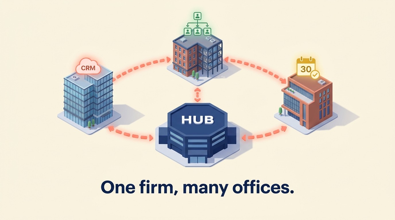 Multi-location operations management balancing centralized governance, standardized systems, and cross-office communication