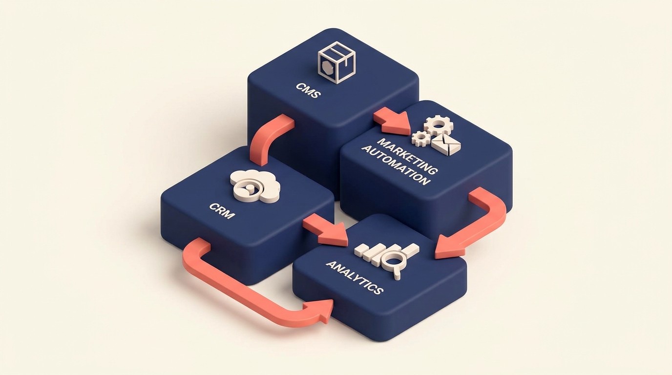Marketing technology stack integrating CMS, automation, CRM, SEO tools, and analytics