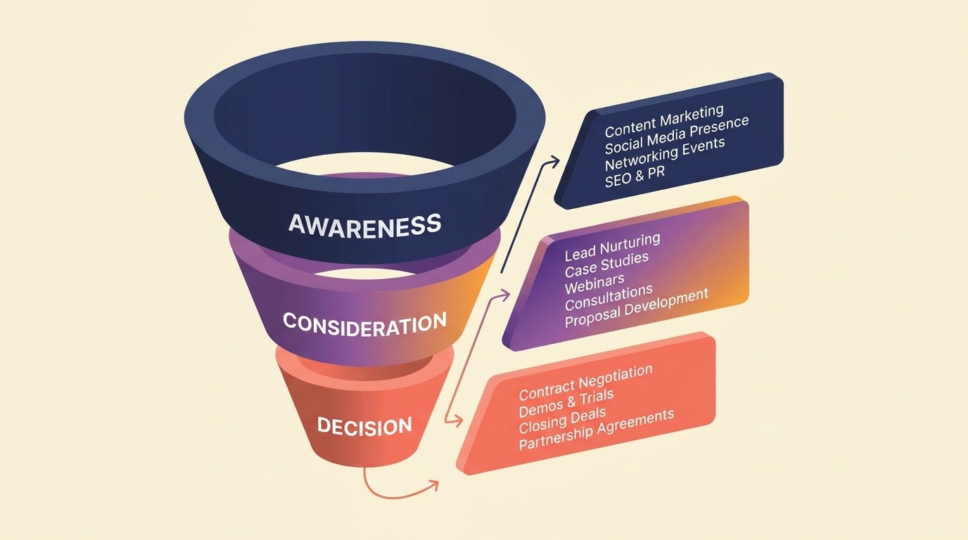Client development funnel diagram moving prospects through awareness, consideration, and decision stages toward engagement