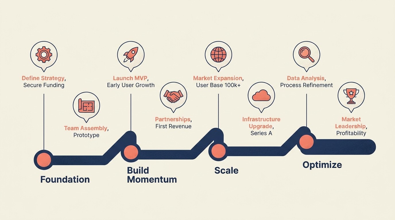 Implementation roadmap timeline showing four phases from foundation through momentum, scale, and long-term optimization of firm business development