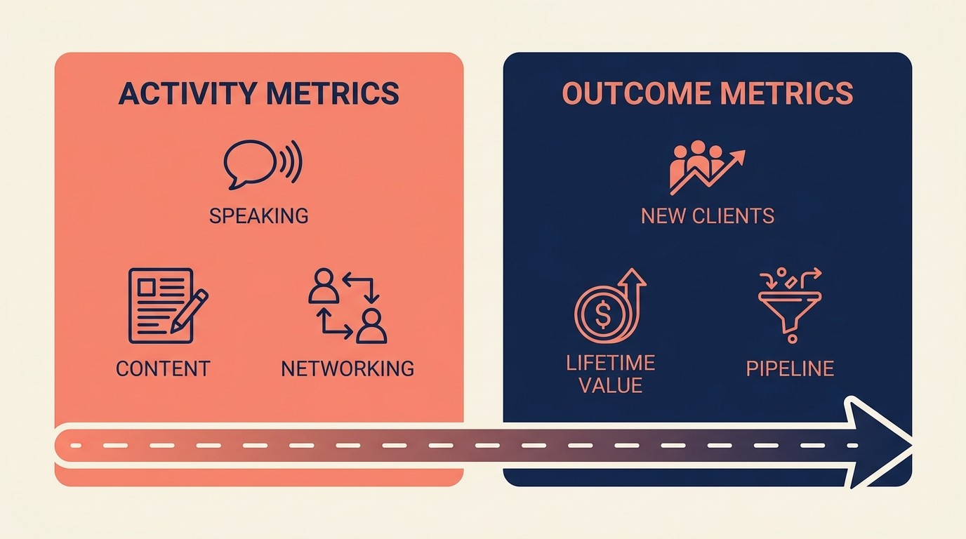 Legal business development metrics dashboard showing activity indicators like speaking and publishing alongside outcome indicators like new clients and pipeline value
