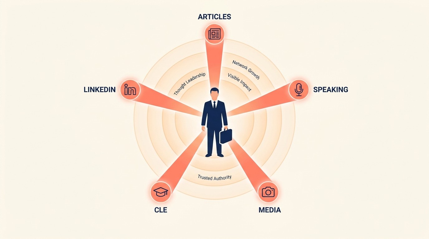 Thought leadership positioning visual showing content, speaking, and media channels that signal attorney expertise to prospective clients
