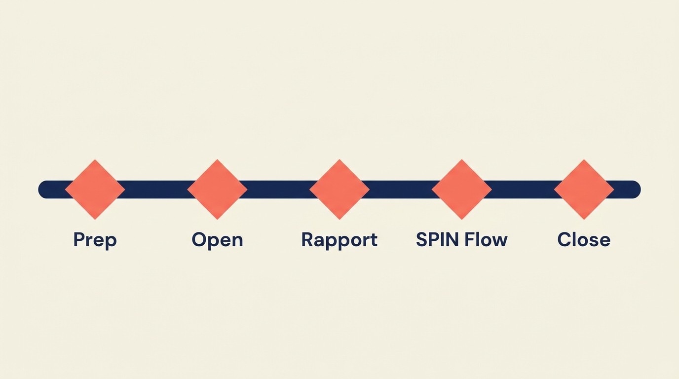 Discovery meeting flow from preparation and agenda through rapport, questioning, note-taking, closing, and documentation