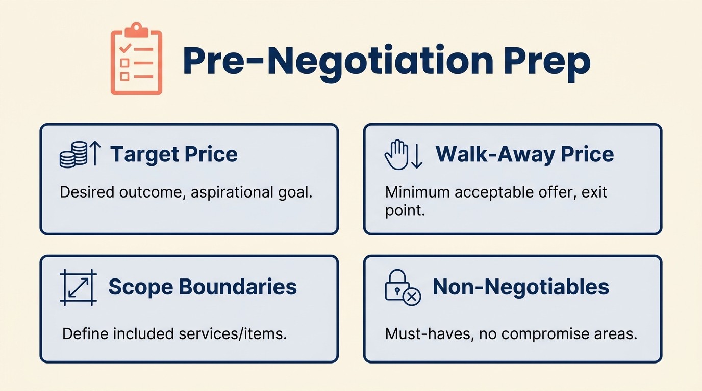 Editorial infographic showing pre-negotiation preparation checklist with objectives, walk-away price, scope boundaries, and concession planning