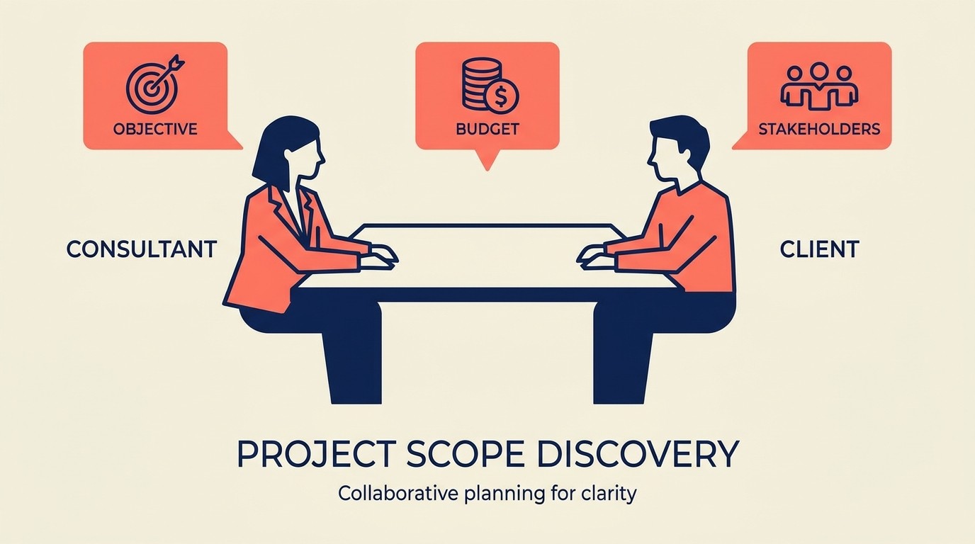 Early discovery checklist covering objectives, current state, stakeholders, timeline, budget, and success criteria