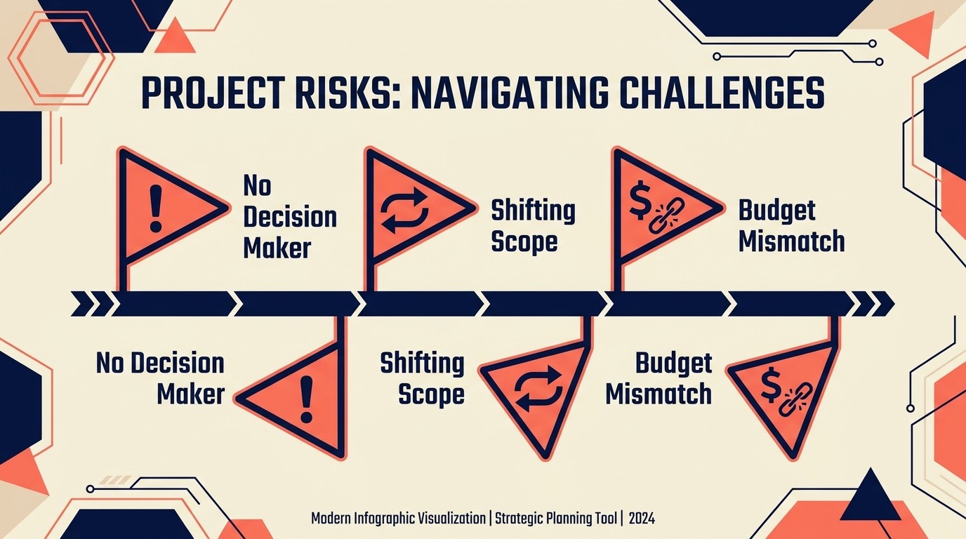 Red flags of flawed scope assessment: inadequate discovery, optimism bias, ignoring warning signs, scope creep, client not ready