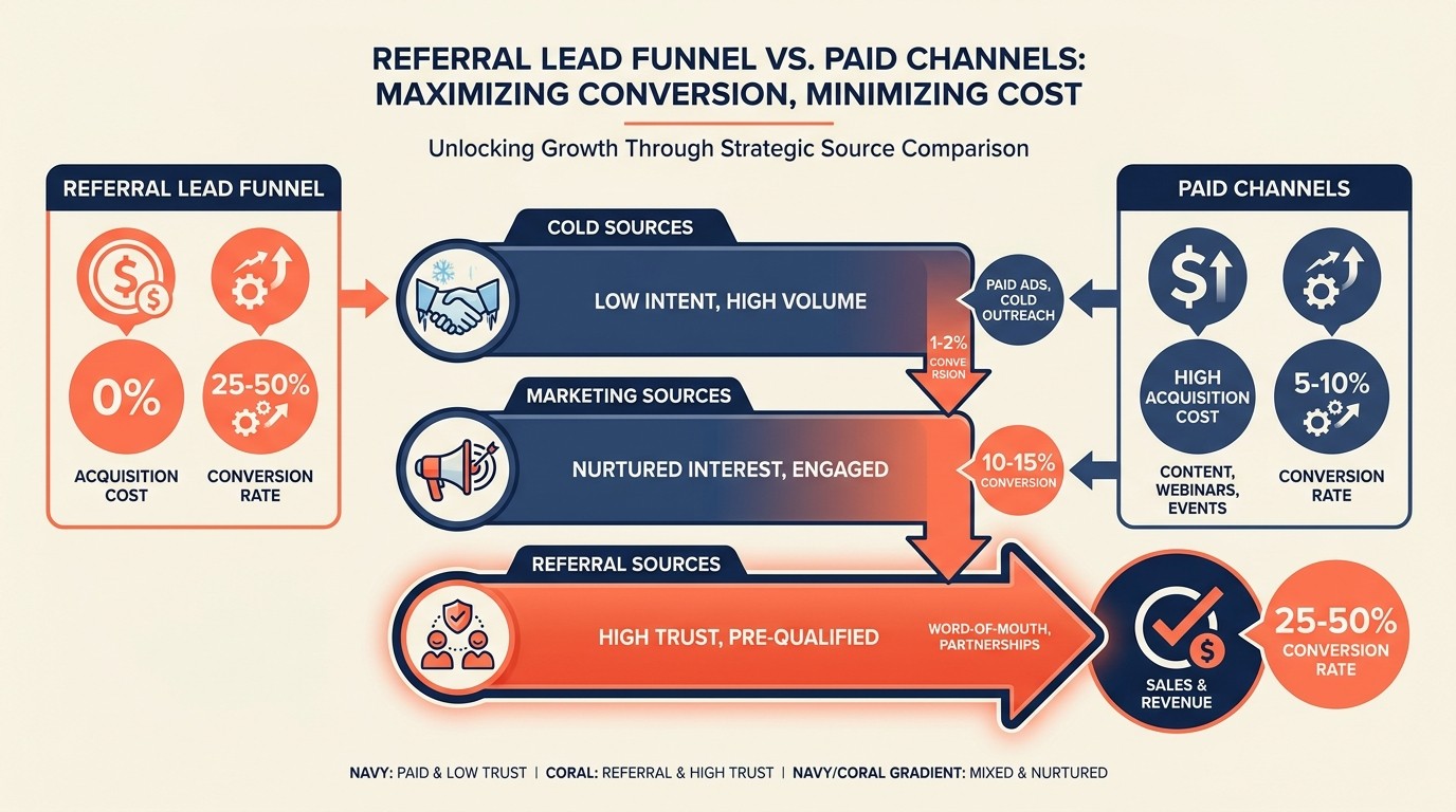 Comparison of acquisition costs and conversion rates showing referred leads far outperform cold outbound and marketing channels