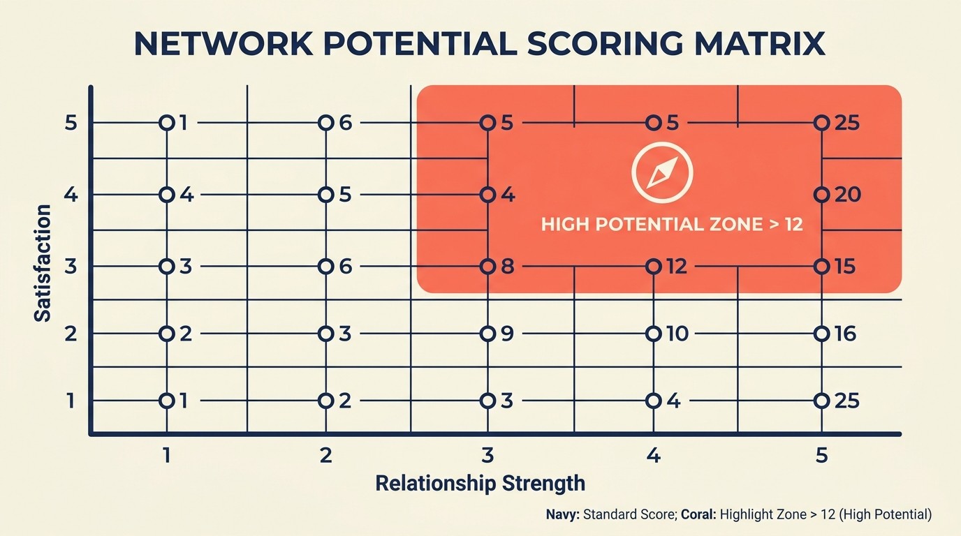 Scoring matrix combining client satisfaction, relationship strength, and network reach to rank referral-ready candidates