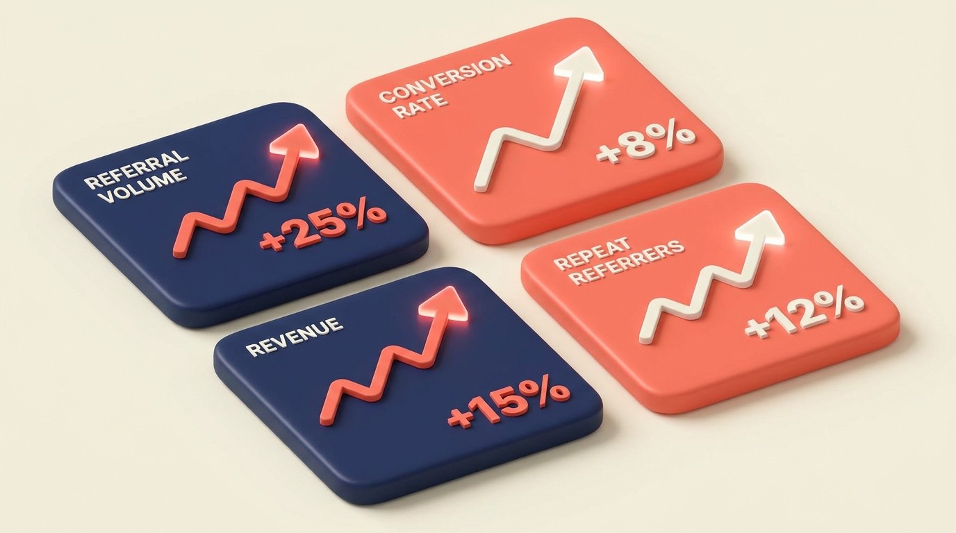 Dashboard tracking referral volume, conversion rates, revenue, and ROI to measure program health and payback