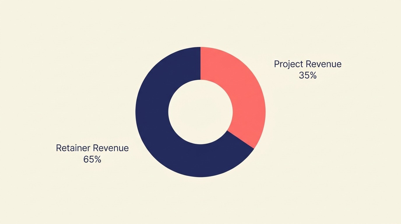 Optimal agency revenue mix showing 60-70 percent retainer revenue paired with 30-40 percent project revenue for balance