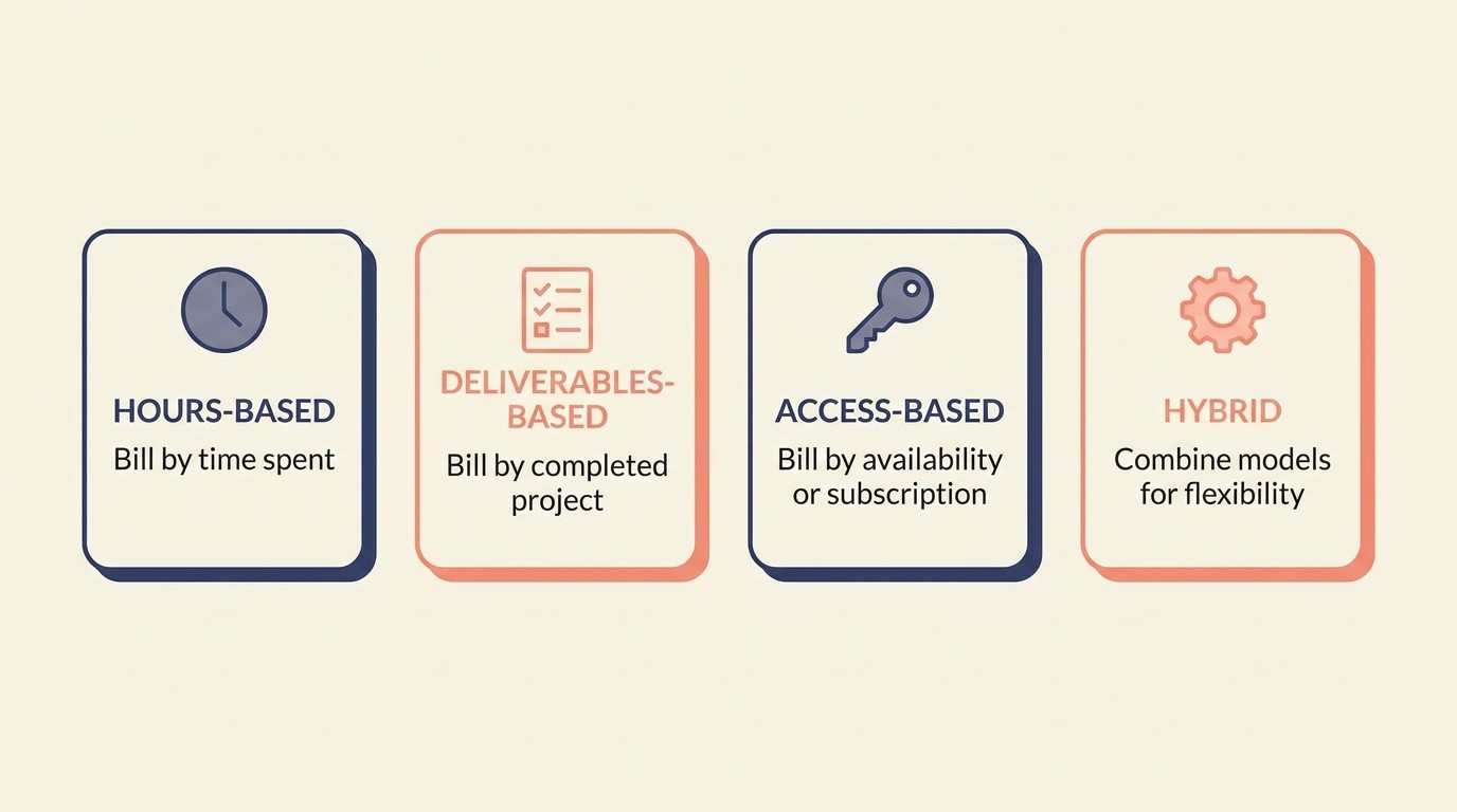 Four retainer types compared: hours-based, deliverables-based, access-based, and hybrid structures with typical use cases