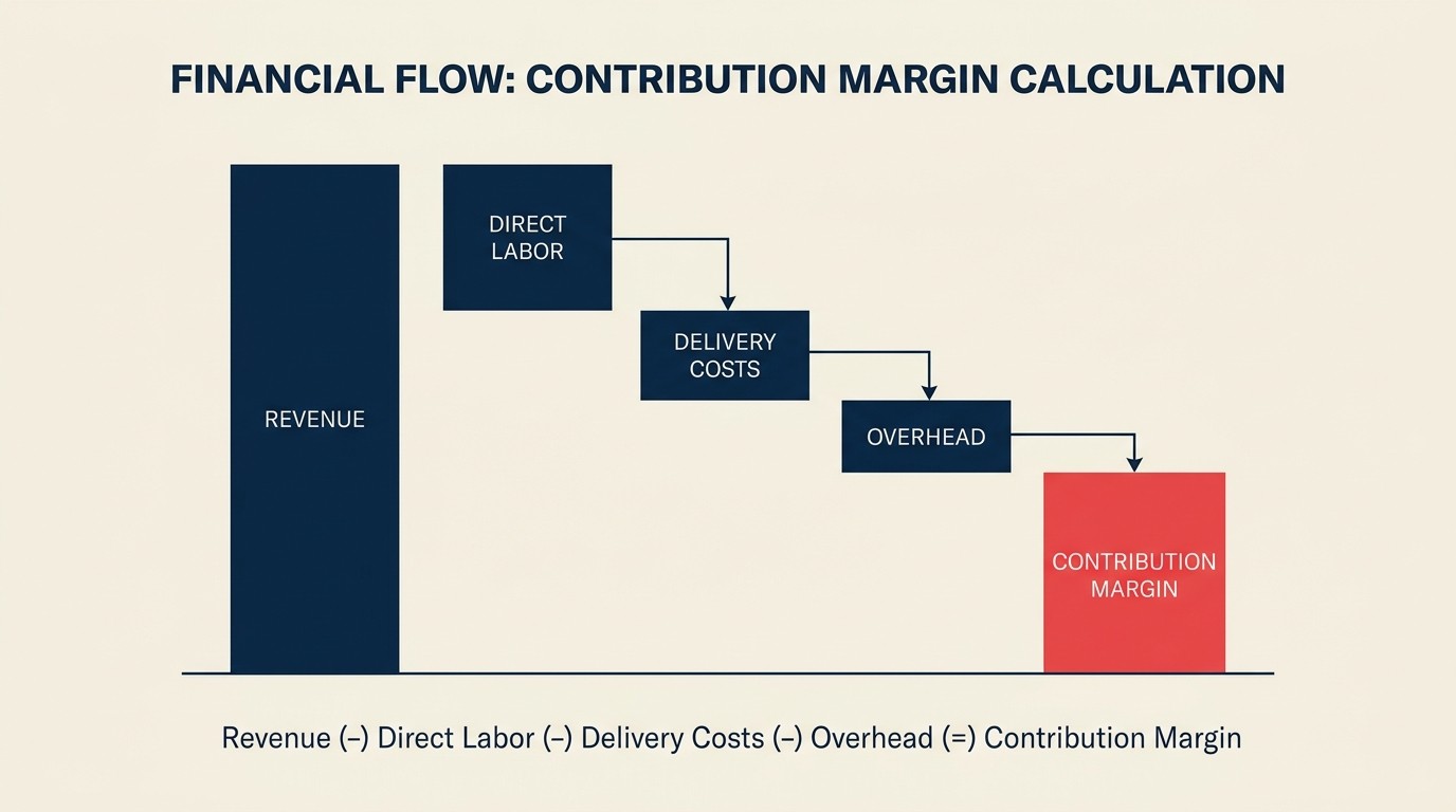 Service line economics chart showing contribution margin analysis, utilization rates, and price positioning across offerings