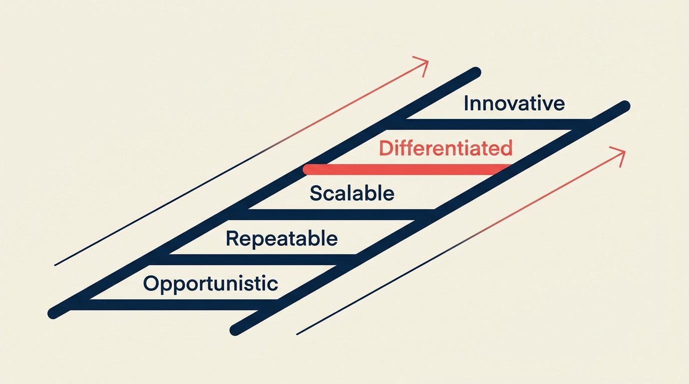 Service line maturity curve progressing from opportunistic to repeatable, scalable, differentiated, and innovative stages