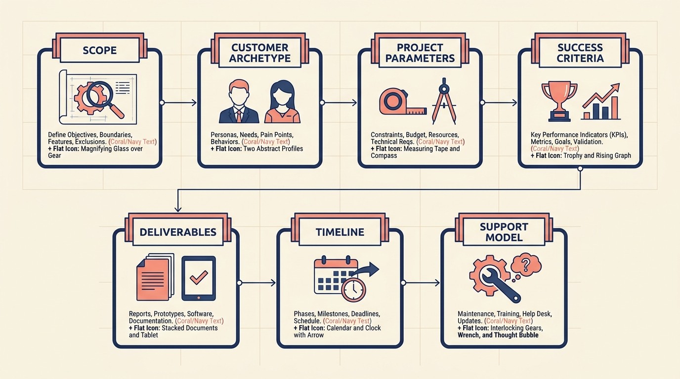 Service design blueprint covering scope, customer archetype, deliverables, and timeline