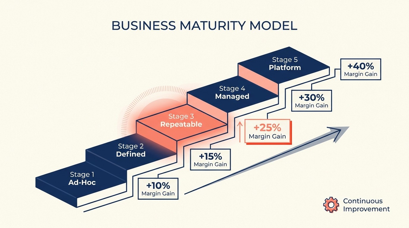 Five-stage productization maturity model from ad-hoc to platform