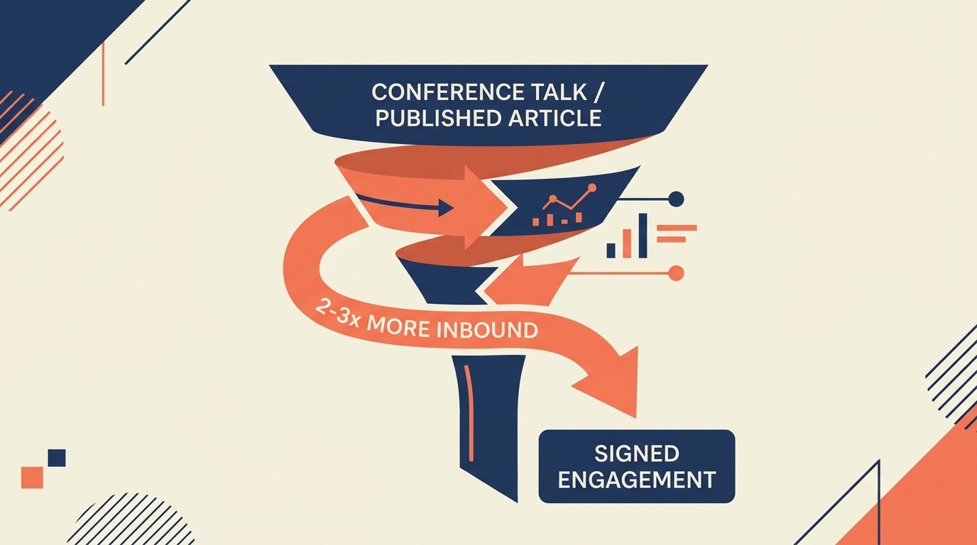 Thought leadership flywheel showing how speaking and publishing generate top-of-mind awareness and premium pricing power
