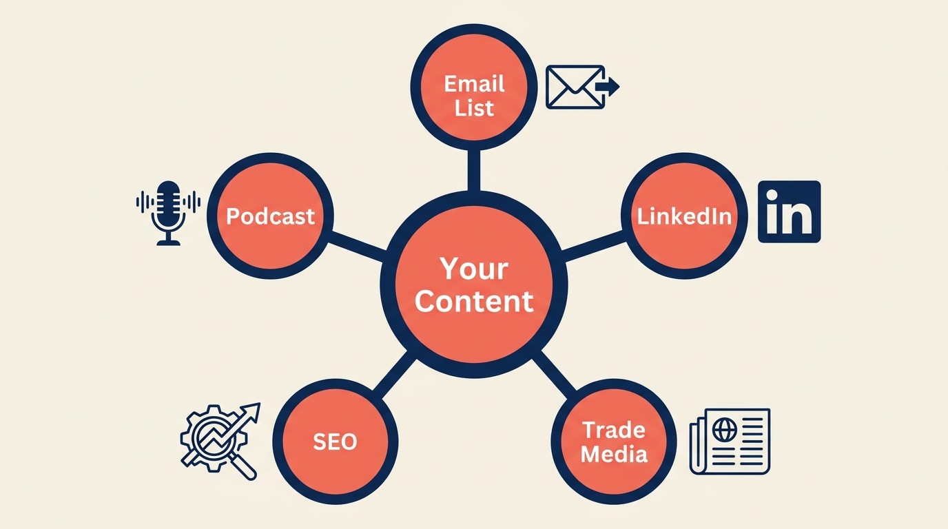 Multi-channel content distribution across email newsletters, LinkedIn, media relations, and SEO-optimized search visibility