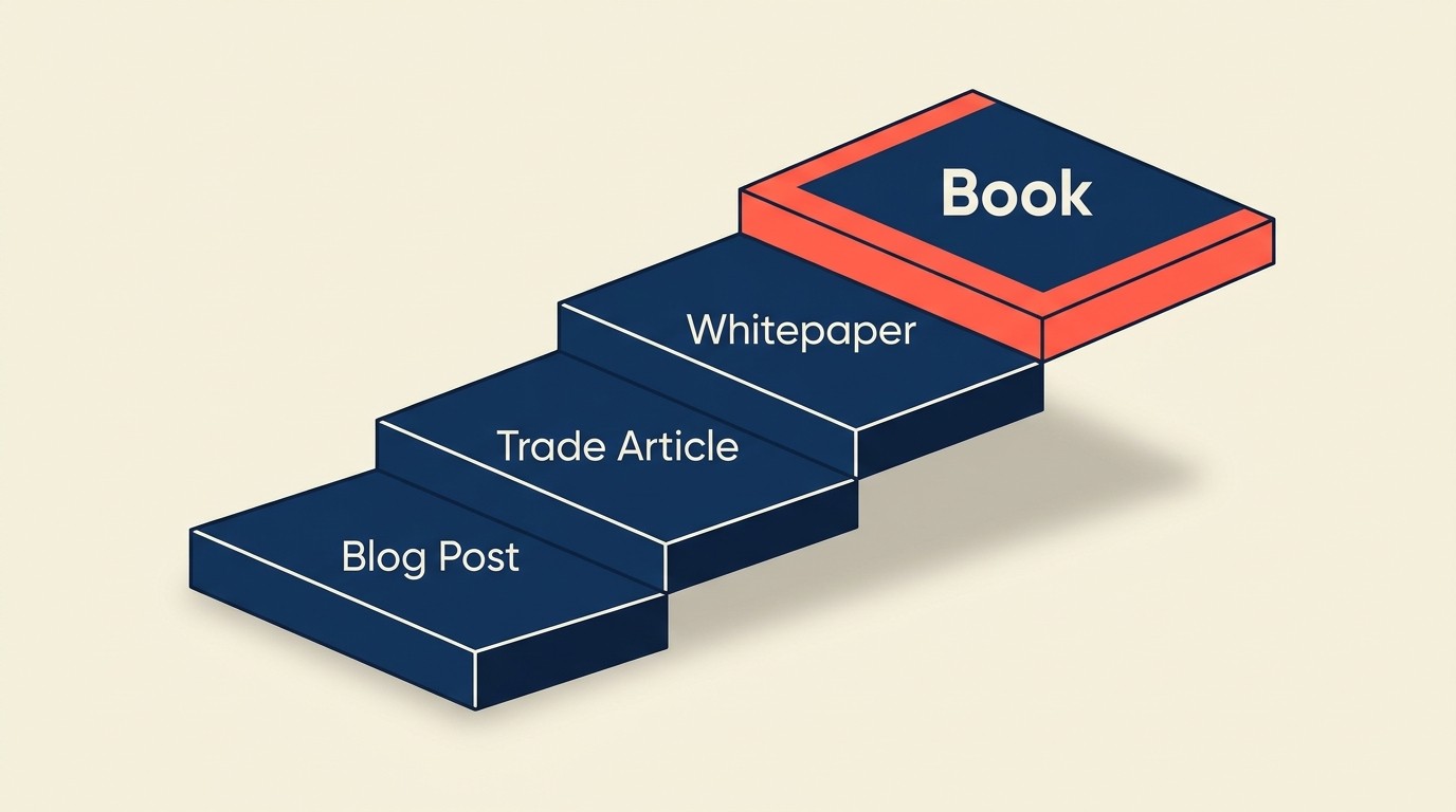 Publishing ladder from blog articles to whitepapers to books, each rung adding credibility and search longevity