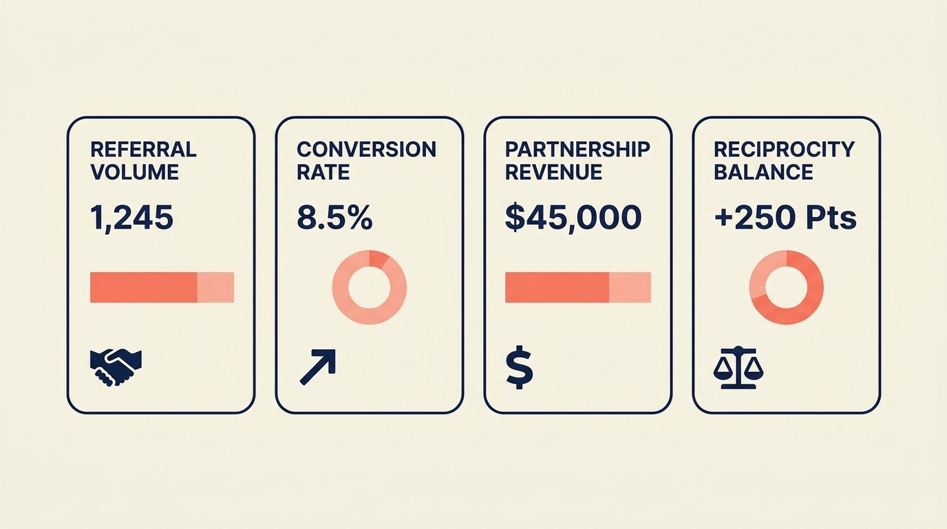 Partnership health KPI dashboard covering partner count, referral volume, conversion rates, program ROI, and relationship indicators