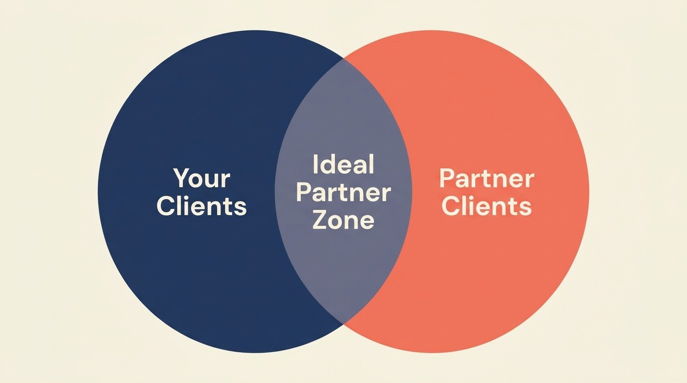 Framework for identifying high-potential partners through complementary services, client overlap, values alignment, and market positioning