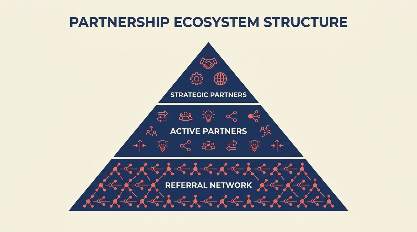 Partner program tiering pyramid showing strategic, active, and referral network tiers with scaling systems and technology