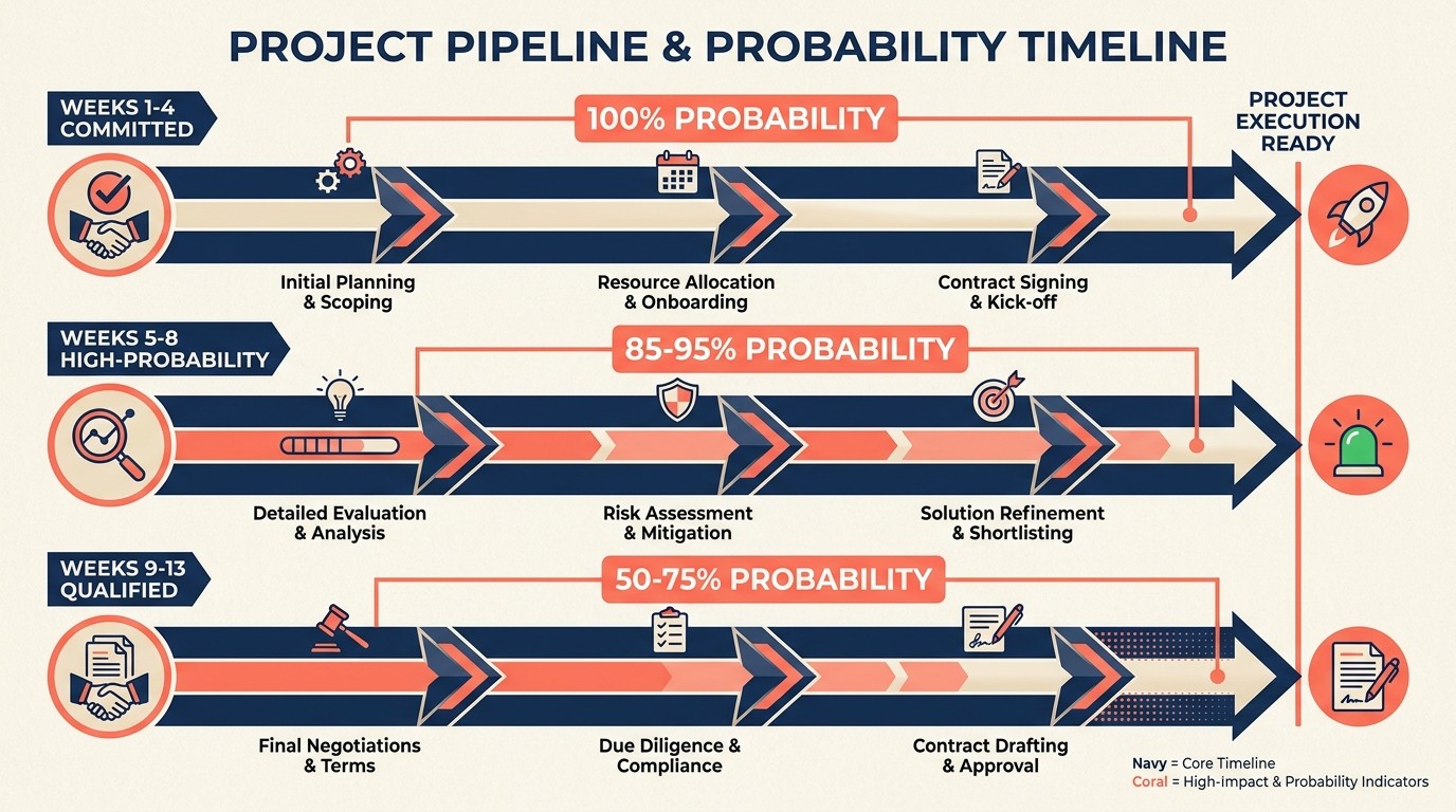 13-week rolling capacity planning horizon split into committed work, high-probability pipeline, and qualified opportunities