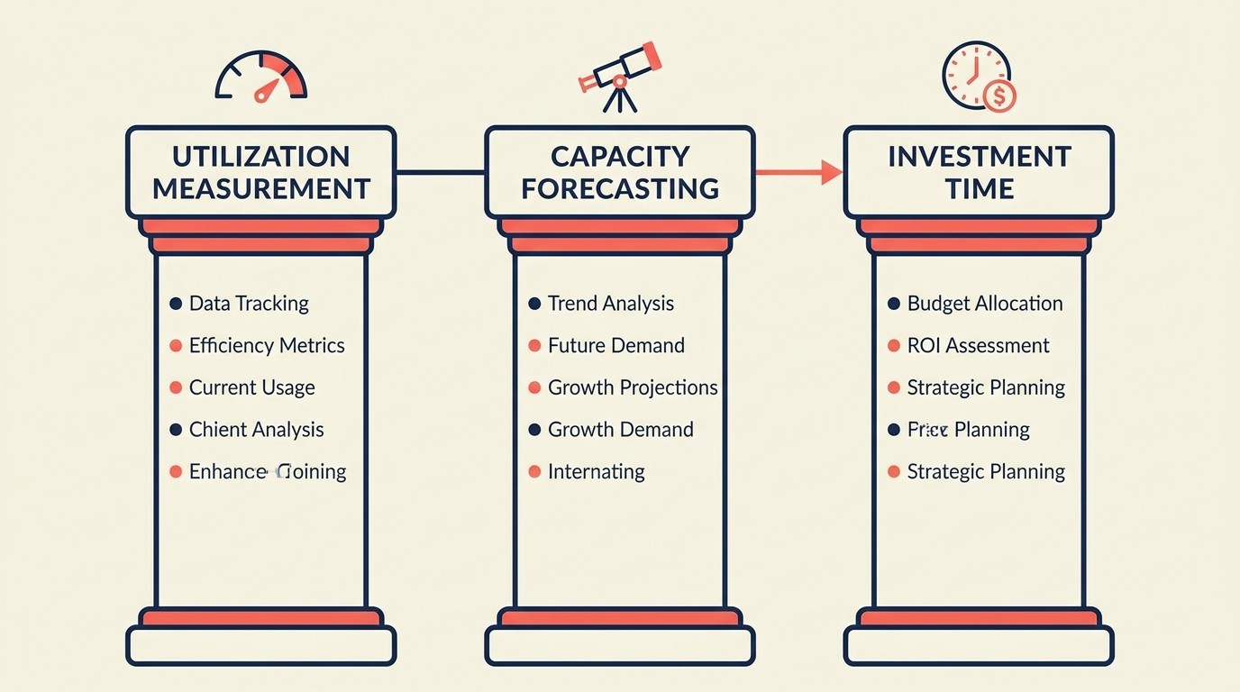 Framework showing three pillars of utilization and capacity planning: measurement, forecasting, and investment time management